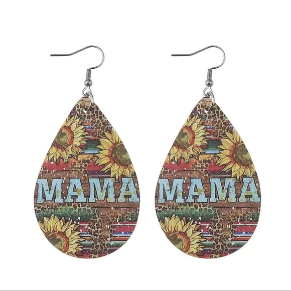 NIP Boho Turquoise MAMA Pattern Sunflower PU Double-sided Water Drop Earrings - Picture 2 of 3